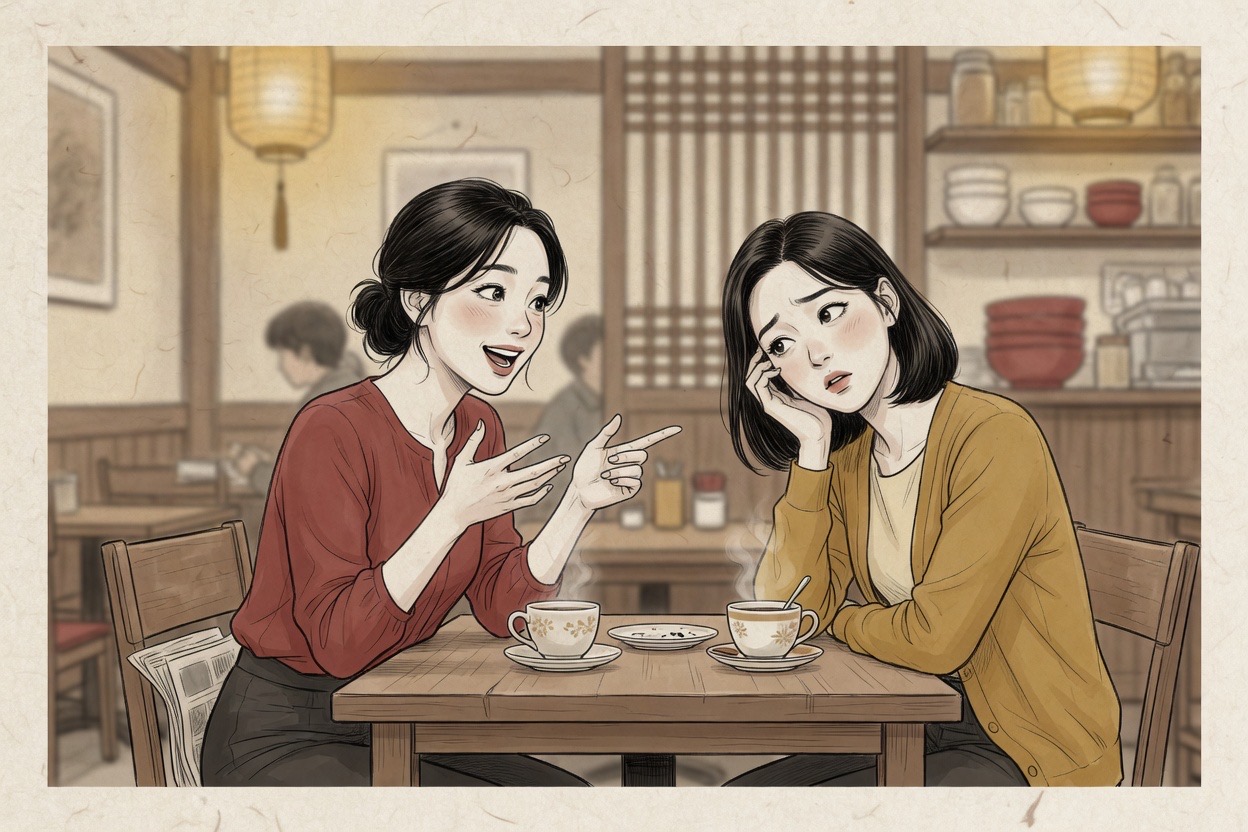 Two Korean women in their twenties at a cafe table, one gesturing animatedly while explaining something, the other looking puzzled