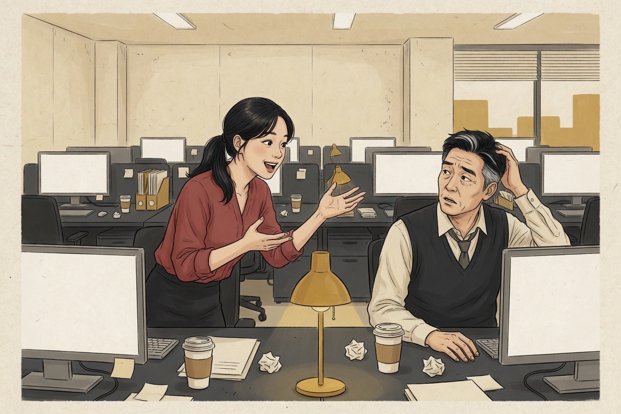In a Korean office, a woman in her twenties speaks to a manager in his fifties who looks completely lost and out of the loop