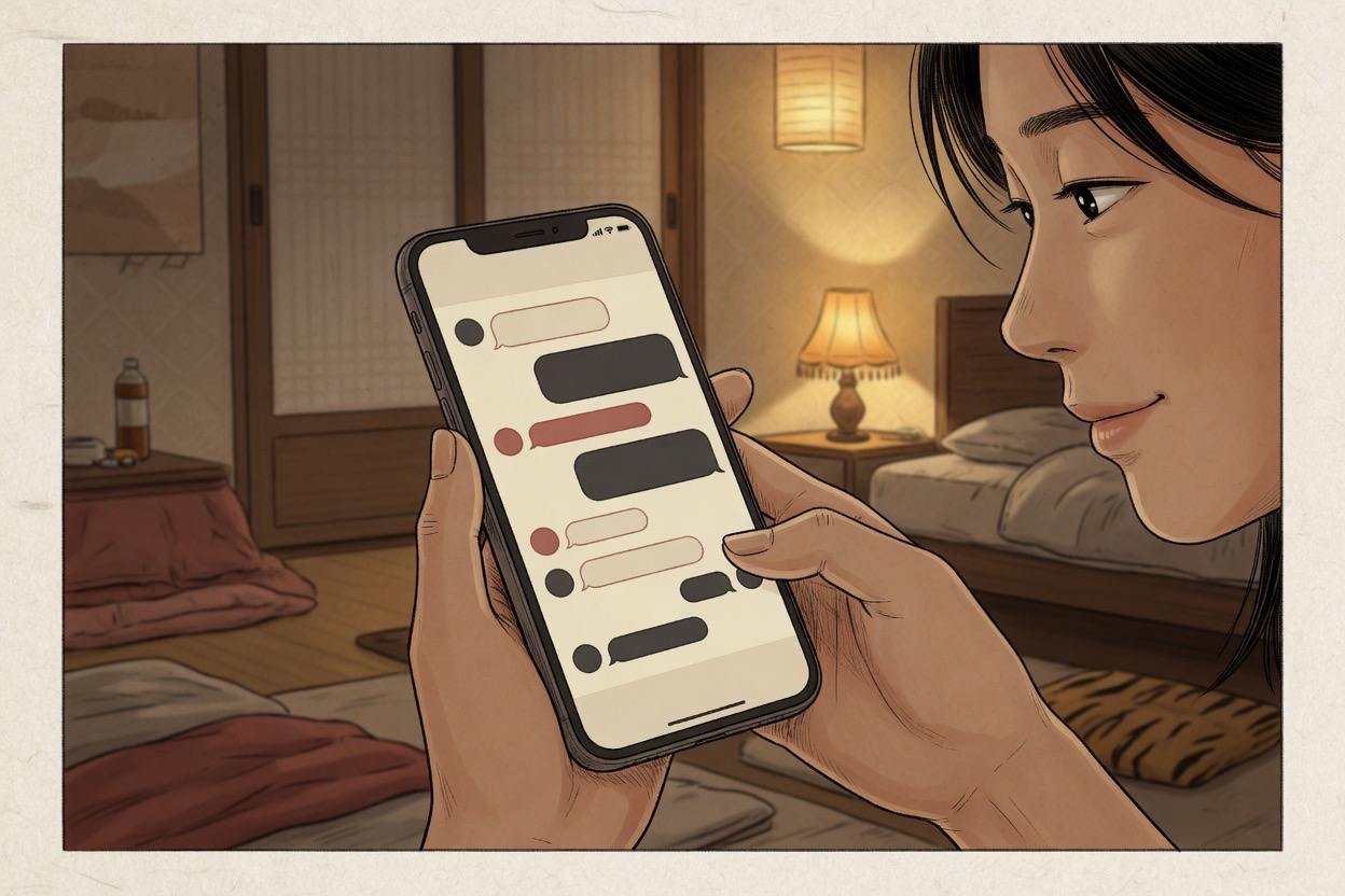 Close view of a Korean phone held in someone’s hands in a dim room, chat bubbles visible only as soft shapes with no readable text
