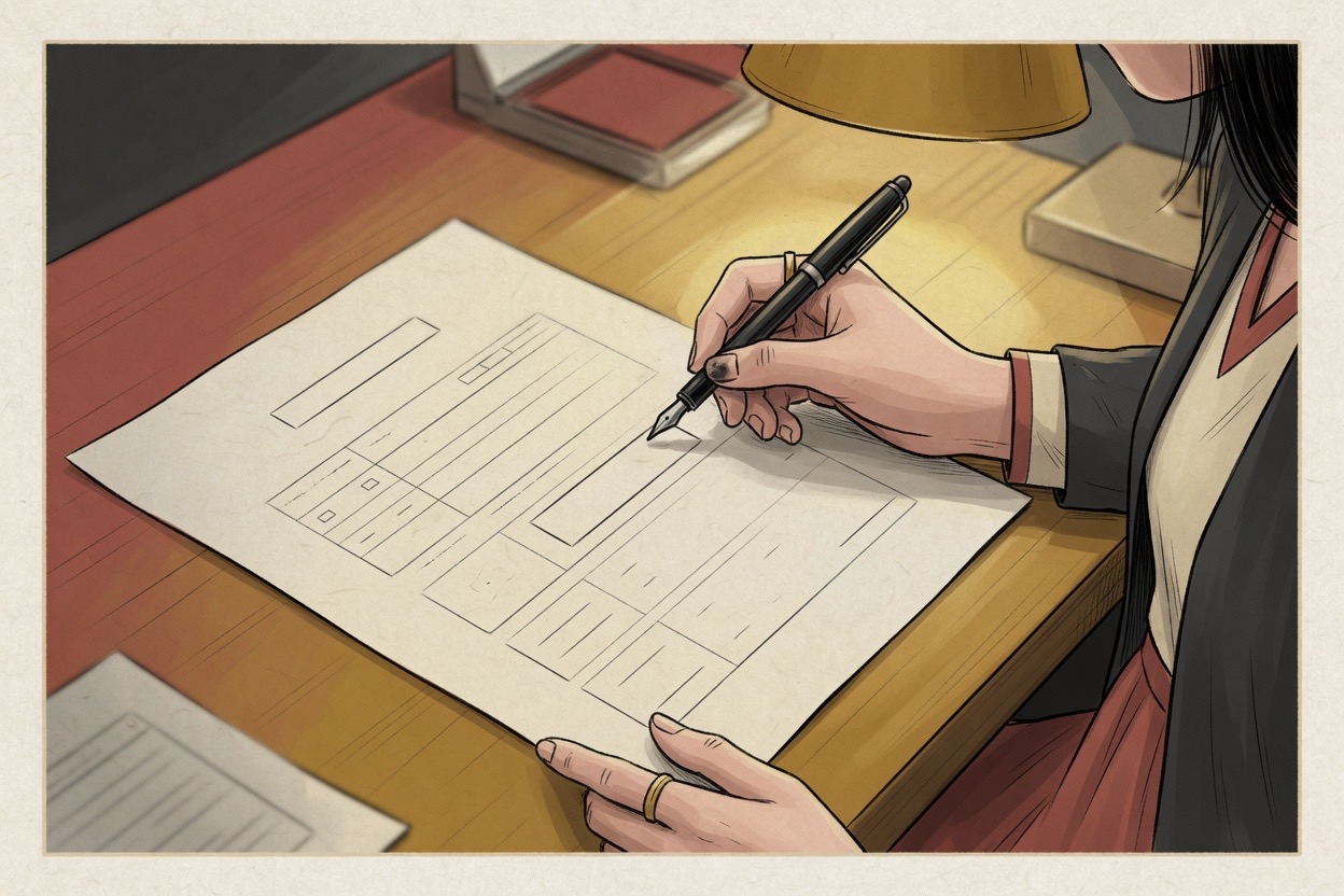 Close view of adult Korean hands filling in a paper form at a wooden desk, pen paused on a name field, warm lamp light