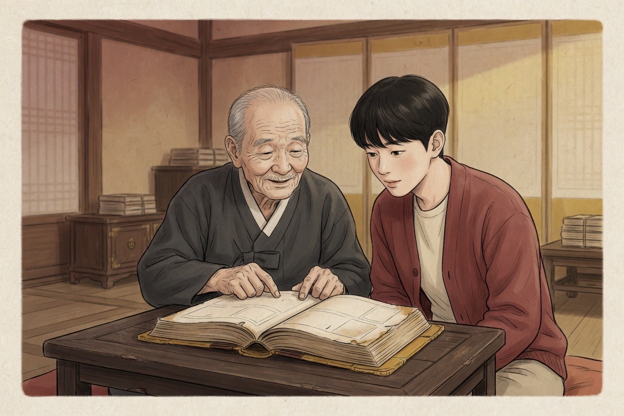 An elderly Korean man in his eighties opens an old bound family register book for a young adult in their twenties, both seated in a warm traditional-style room