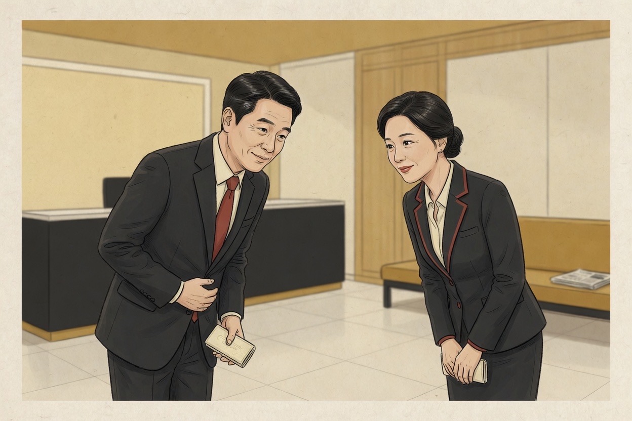Two Korean businesspeople in their forties exchange a slight bow at a first meeting in a simple office lobby