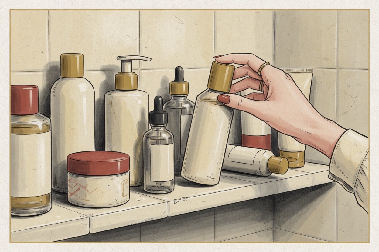A bathroom shelf lined with Korean skincare bottles as a hand reaches for one bottle in warm cream light