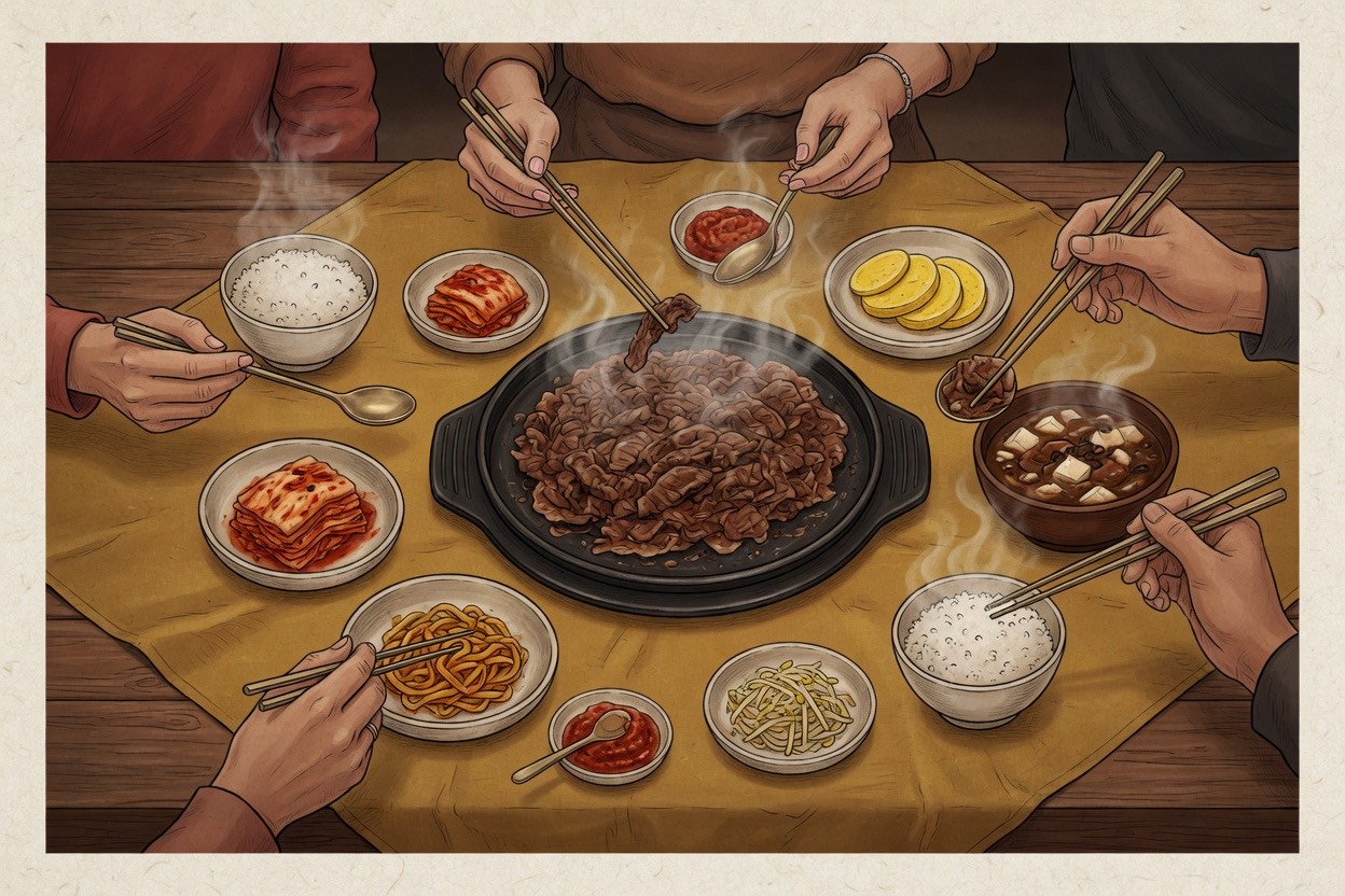 From above, a low Korean table of shared dishes with several adult hands reaching for banchan and rice bowls