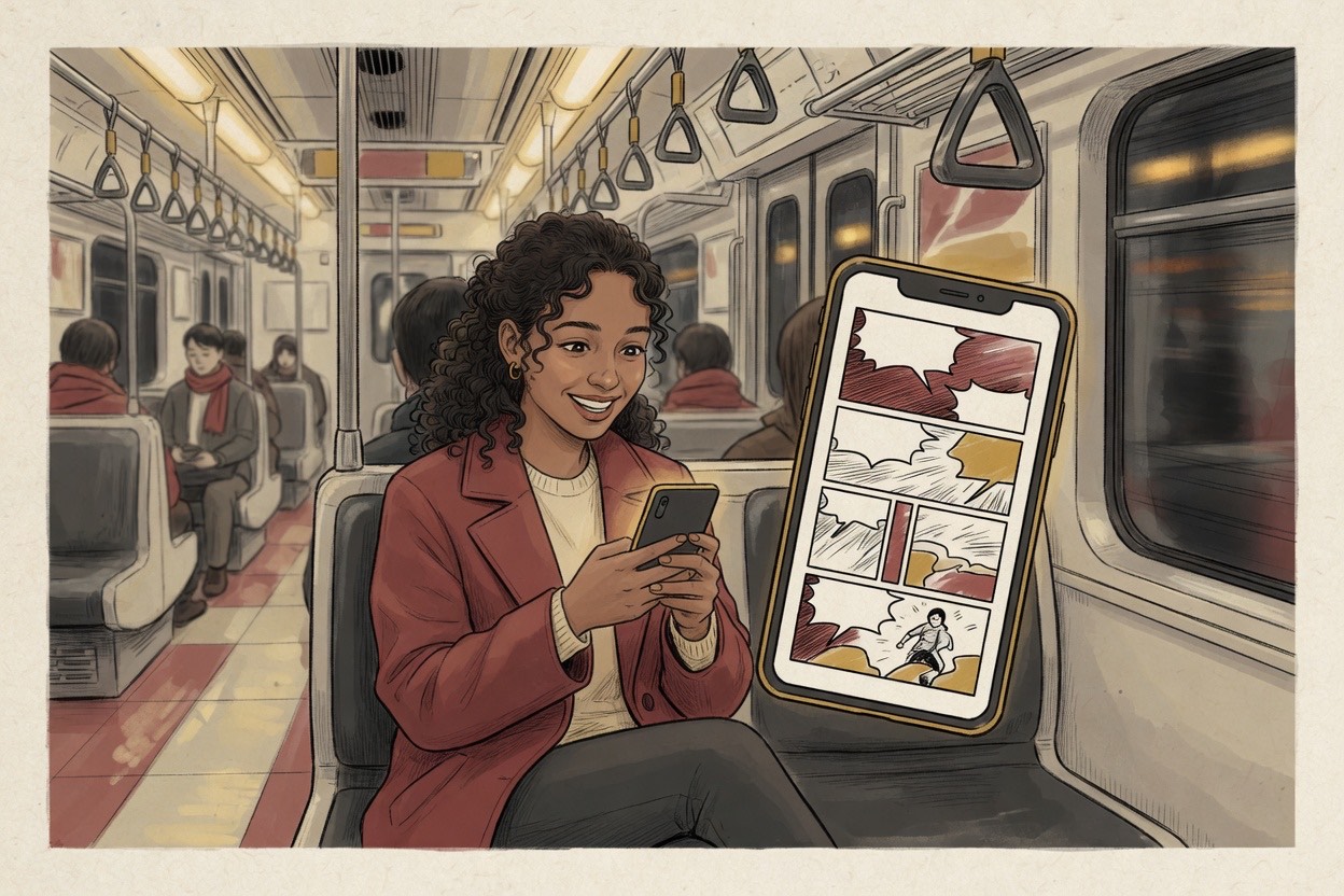 On a subway, a young adult of non-Korean appearance in their twenties smiles while reading a webtoon on a phone