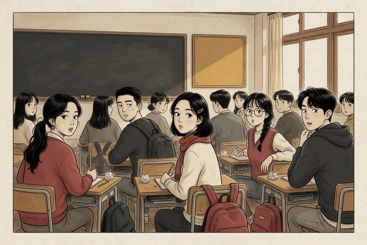 In a crowded Korean classroom, several people in their twenties turn around at once after someone calls a very common name, mild comic confusion on every face