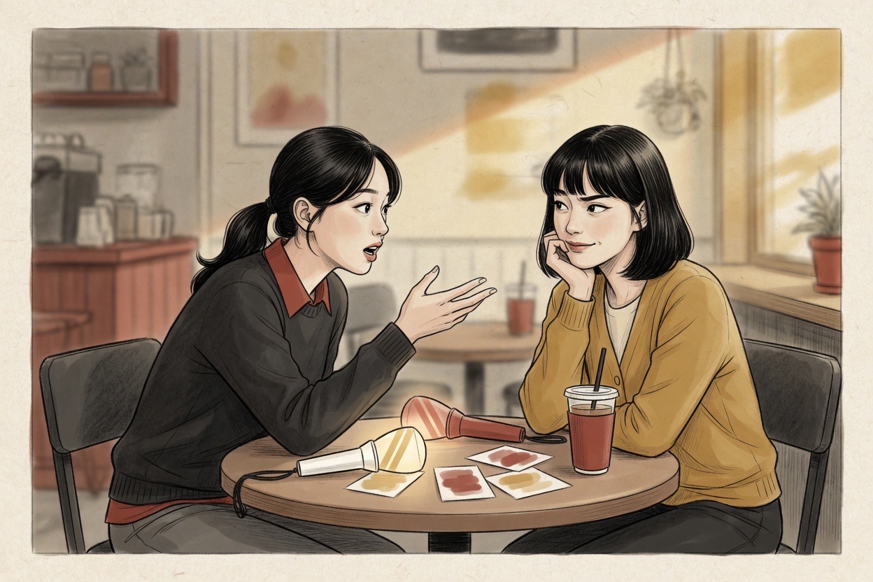 Two Korean fans in their early twenties at a café with light sticks and blank photo cards on the table, mid-debate, one gesturing emphatically