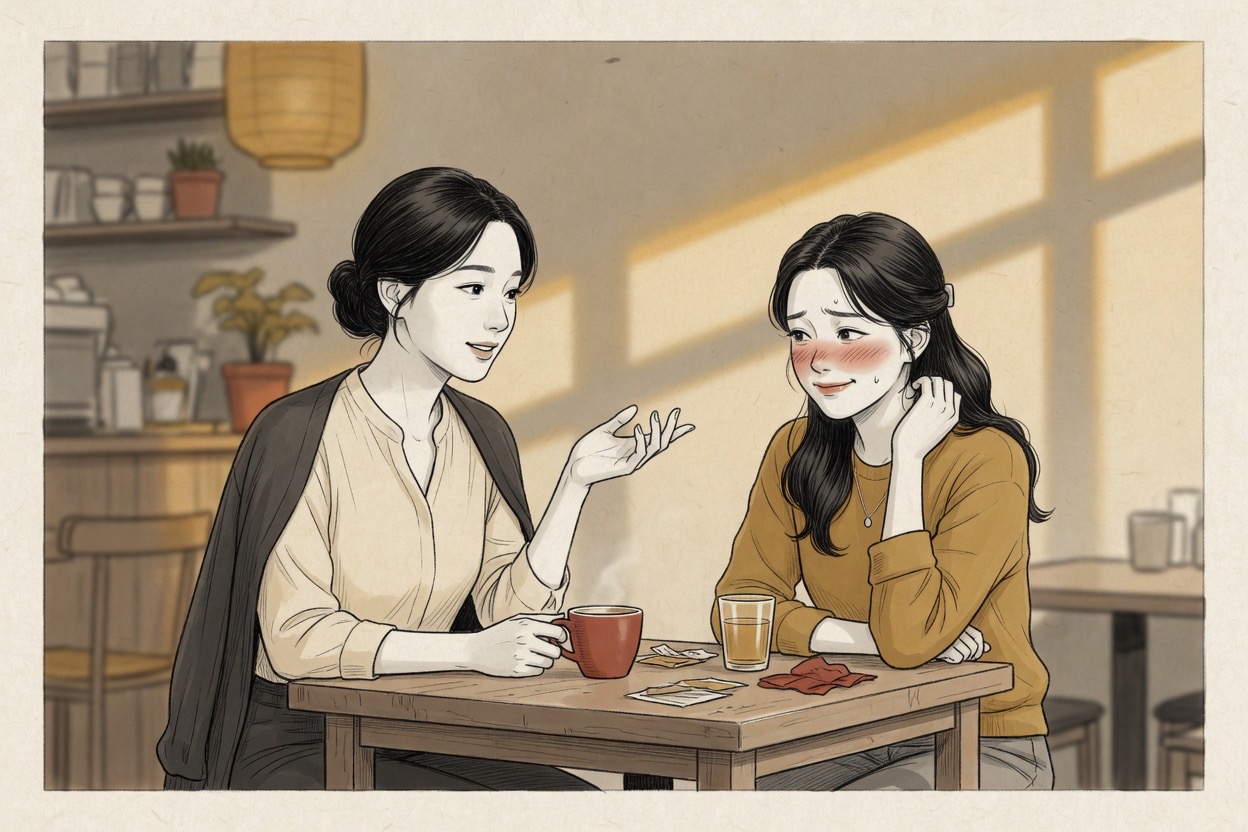 A Korean woman in her late twenties gently corrects a younger friend in their early twenties across a café table; the friend looks sheepish