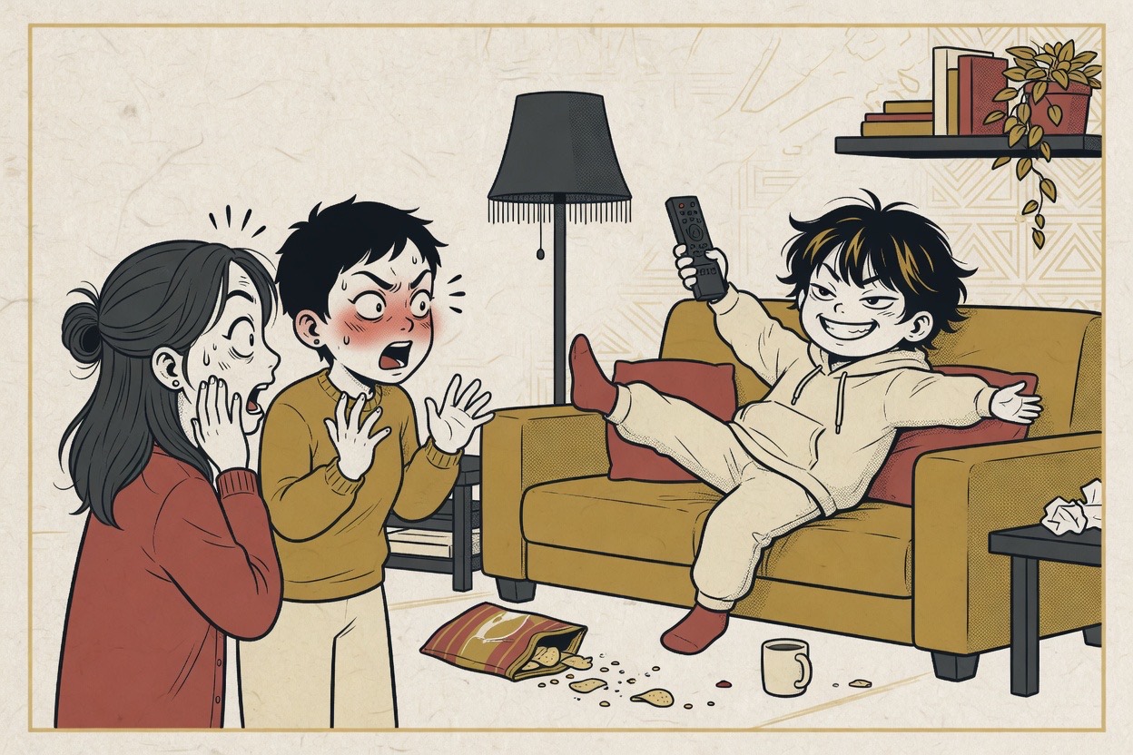 In a living room, the youngest sibling smugly steals the TV remote and sprawls across the sofa while two older siblings stare in disbelief