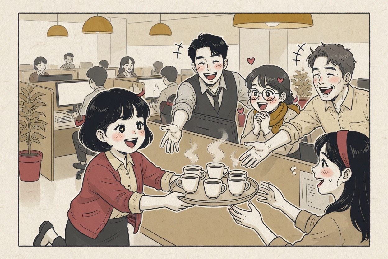 A young woman cheerfully balances a tray of coffee cups for her office team while coworkers reach out with grateful smiles
