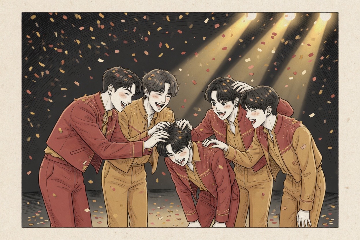 A five-member K-pop group bows after a performance; older members playfully ruffle the youngest member’s hair as confetti falls