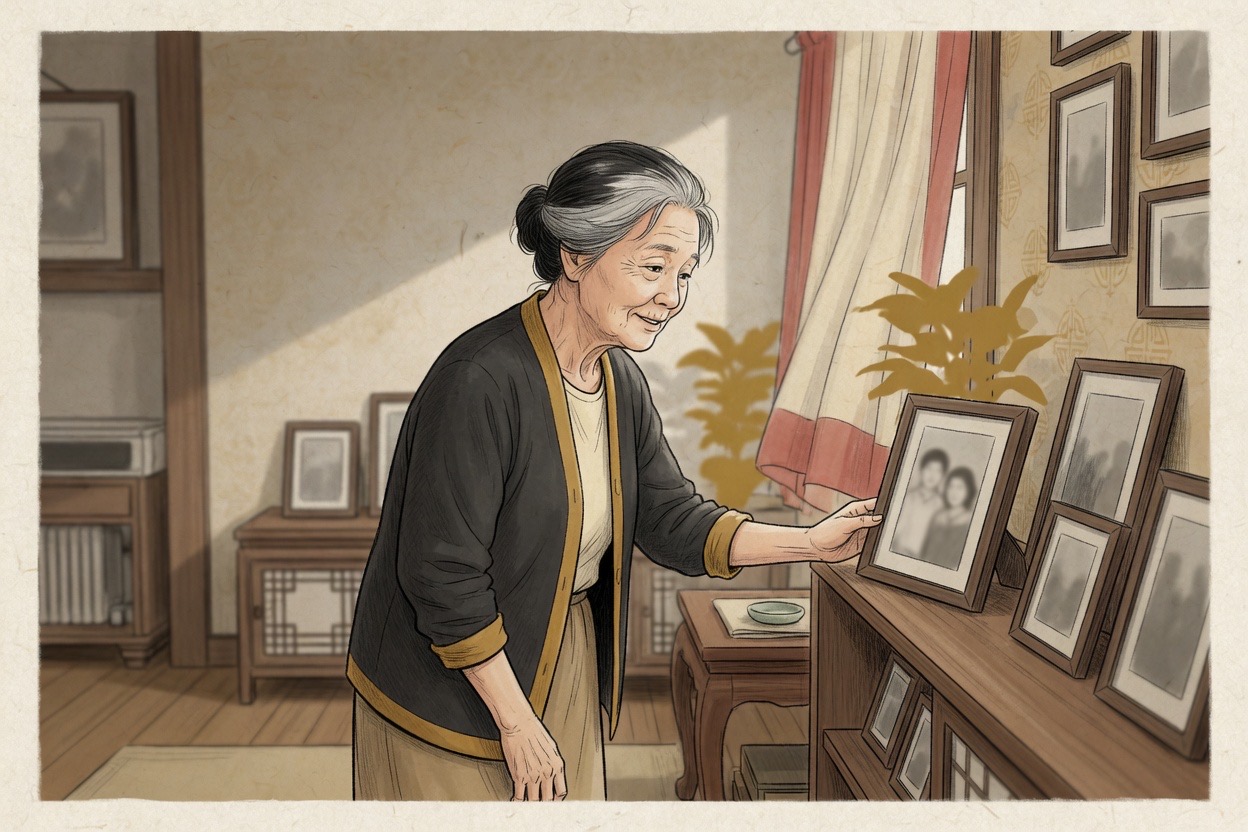 An elderly Korean woman in her seventies stands quietly in a modest room looking at a framed photo on a wooden shelf