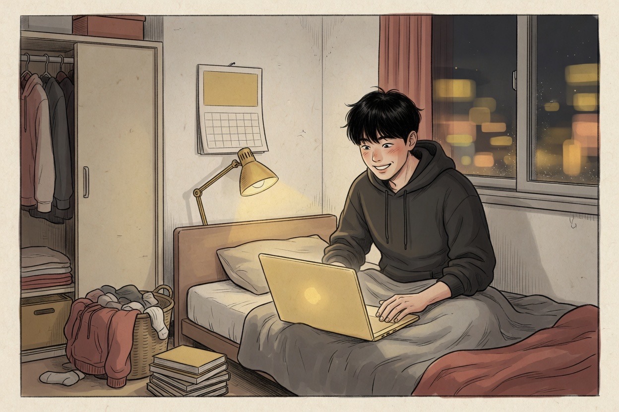 A Korean man in his mid-twenties sits on a dorm bed smiling at a laptop screen during a video call at night