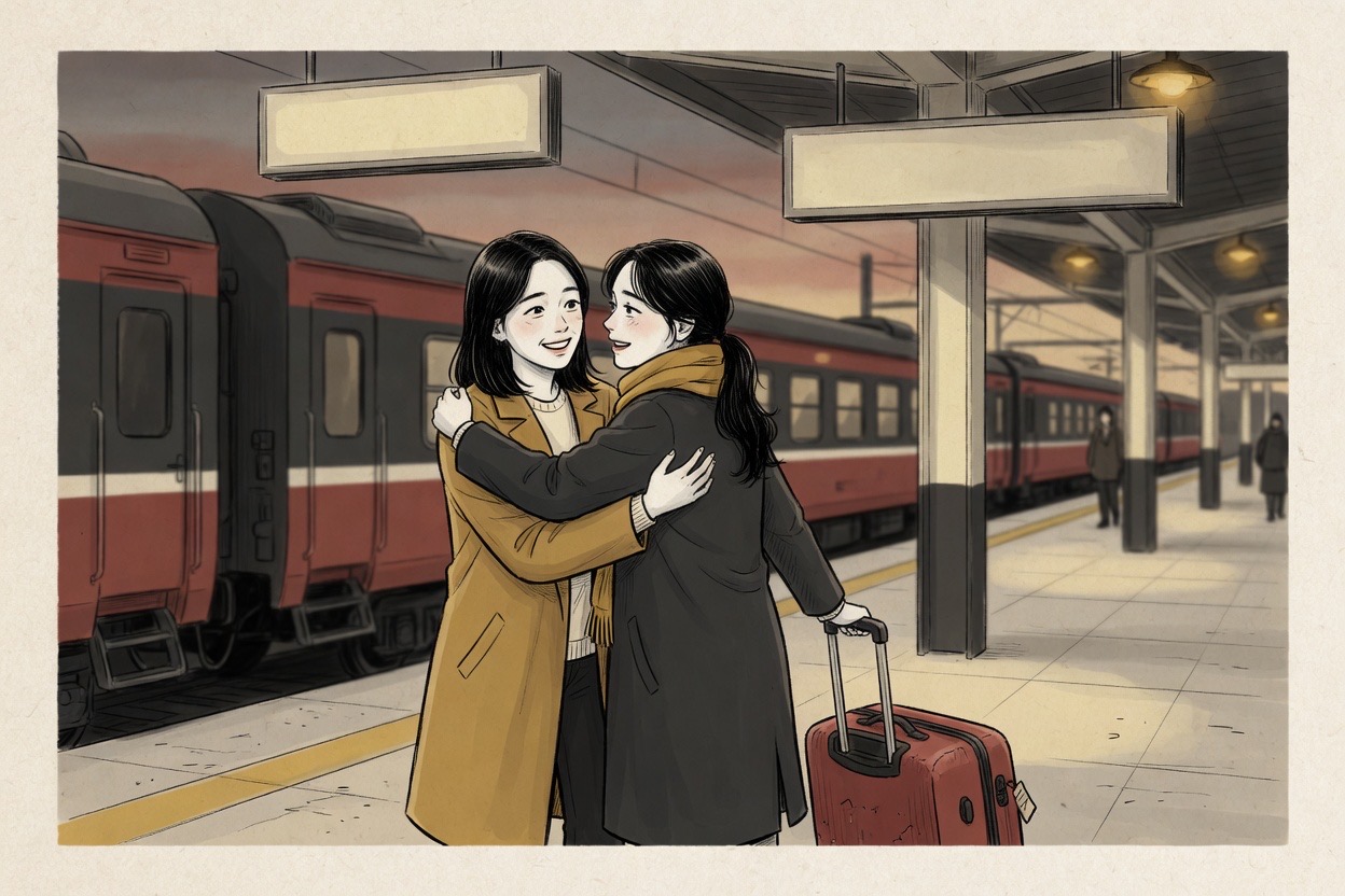 Two Korean friends in their twenties share a brief hug on a train platform, one holding a suitcase