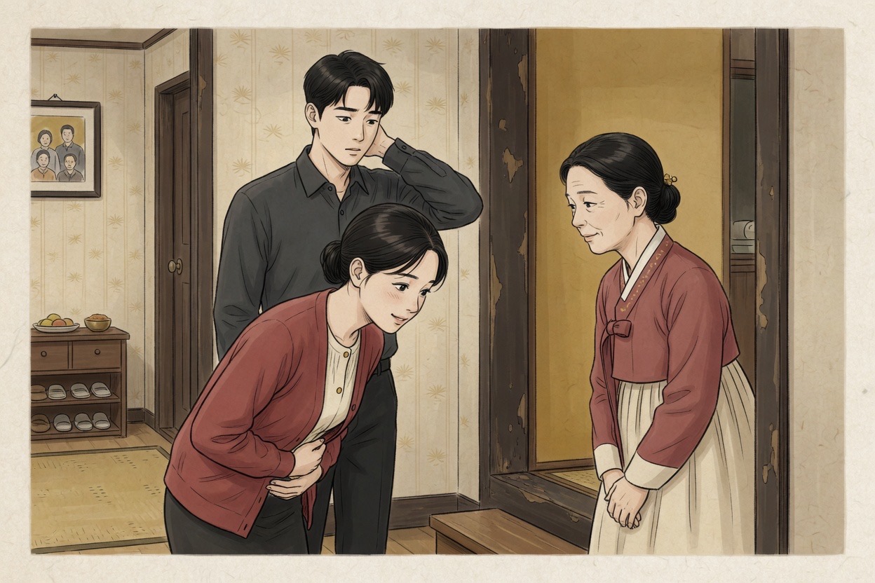 A young Korean woman greets an older Korean woman with a careful bow in a living room doorway while a man stands awkwardly behind her; everyone polite and slightly stiff