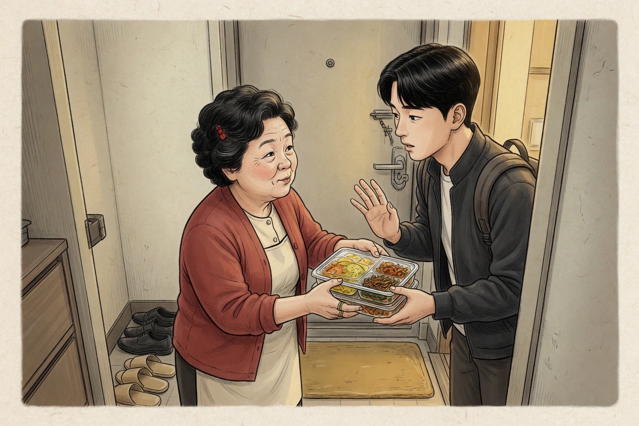 A Korean mother presses a container of side dishes into her grown son's hands at the front door as he half-refuses, both stubborn and fond