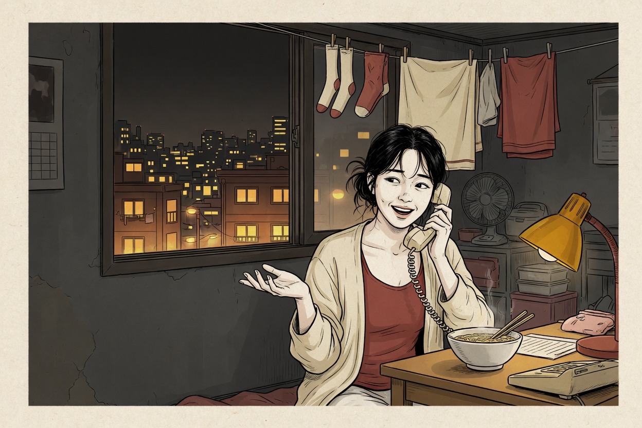 A young Korean woman on the phone in a cramped one-room apartment at night, smiling and slightly exasperated, with instant noodles cooling beside her
