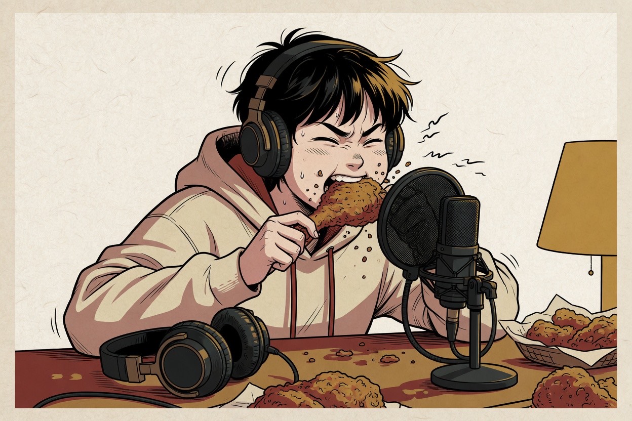 Close cozy shot of someone leaning toward a microphone while eating noisy crispy food, eyes closed in concentration, headphones nearby