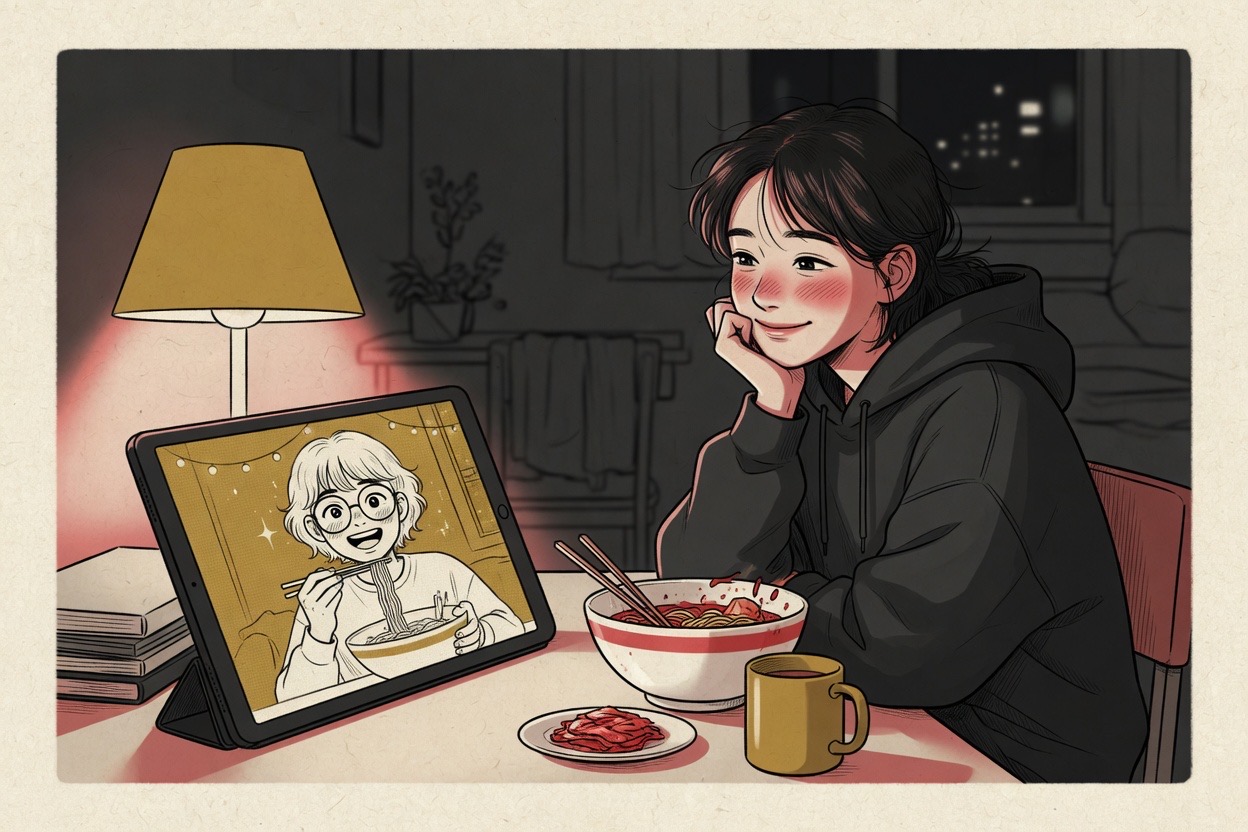A person eating alone at a small apartment table at night with a tablet propped up showing another person eating, both smiling—quiet company across a screen