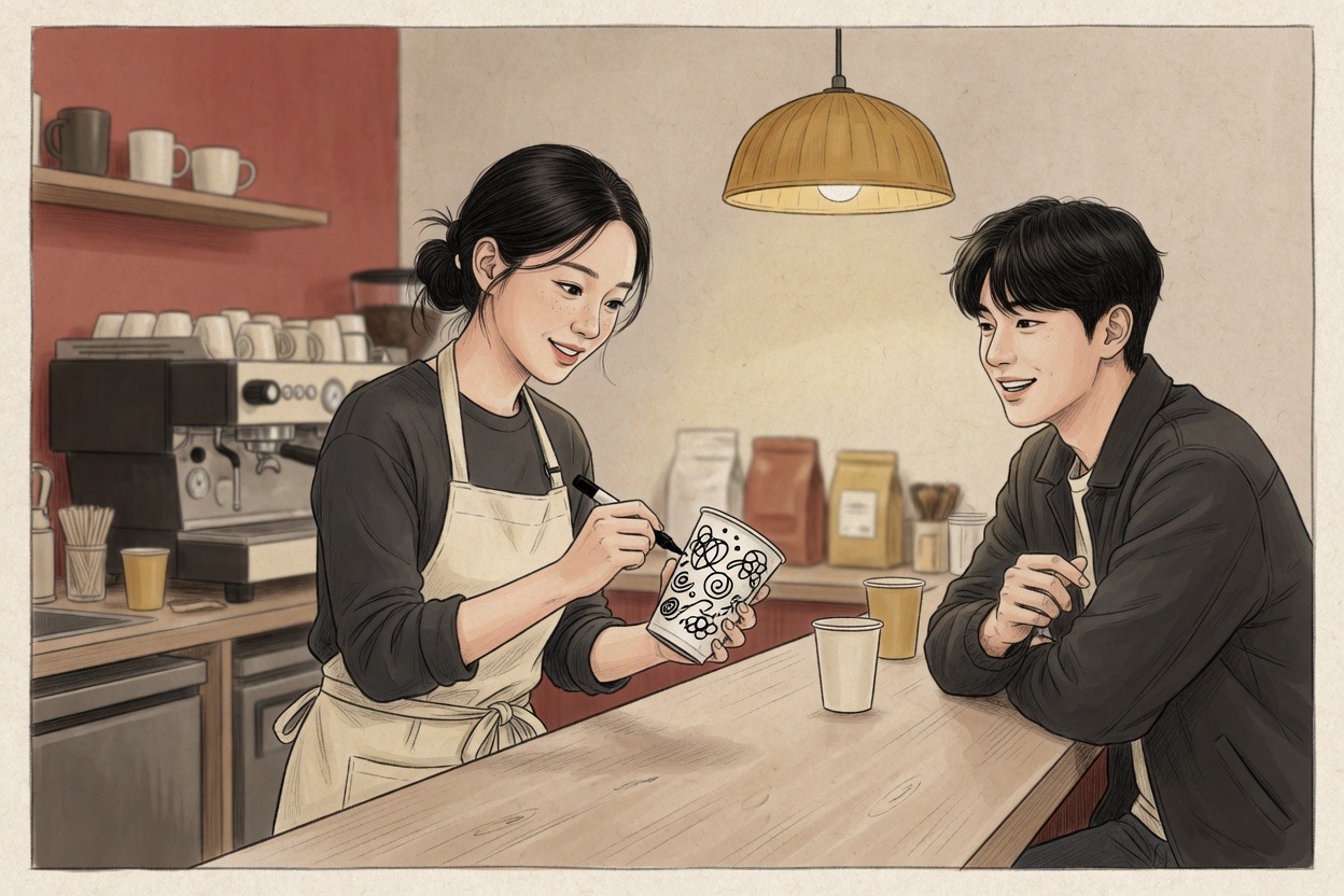 A Korean café worker in their twenties writes on a cup while a customer of the same age speaks across the counter in a modern Korean café