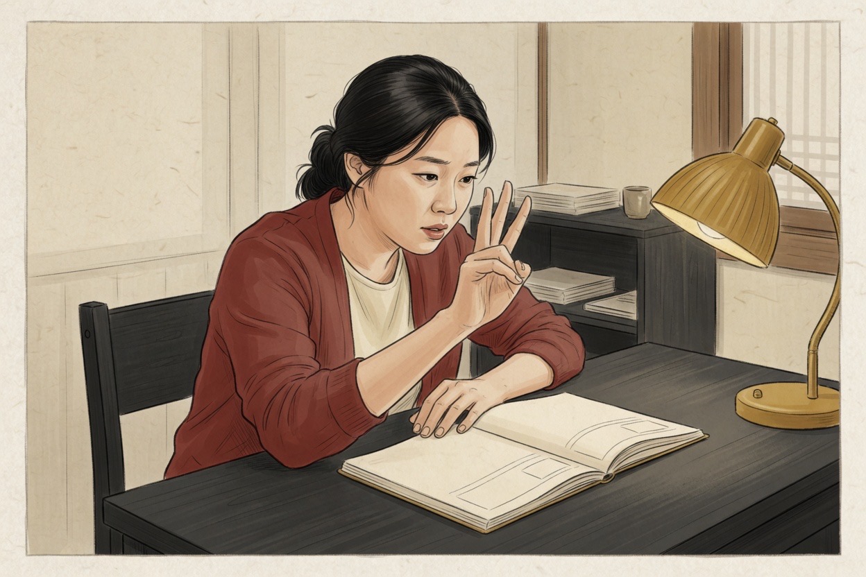 A Korean woman in her late twenties at a desk counts one-two-three with her hands over an open notebook, as if breaking a name into syllable parts