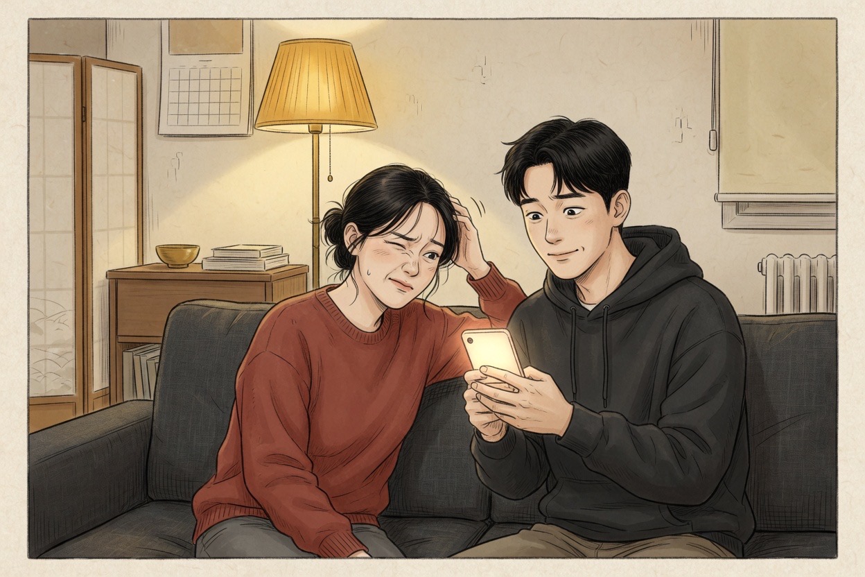 Two Korean friends in their late twenties look at a phone together; one winces slightly and shakes their head in a please-check-this-first moment