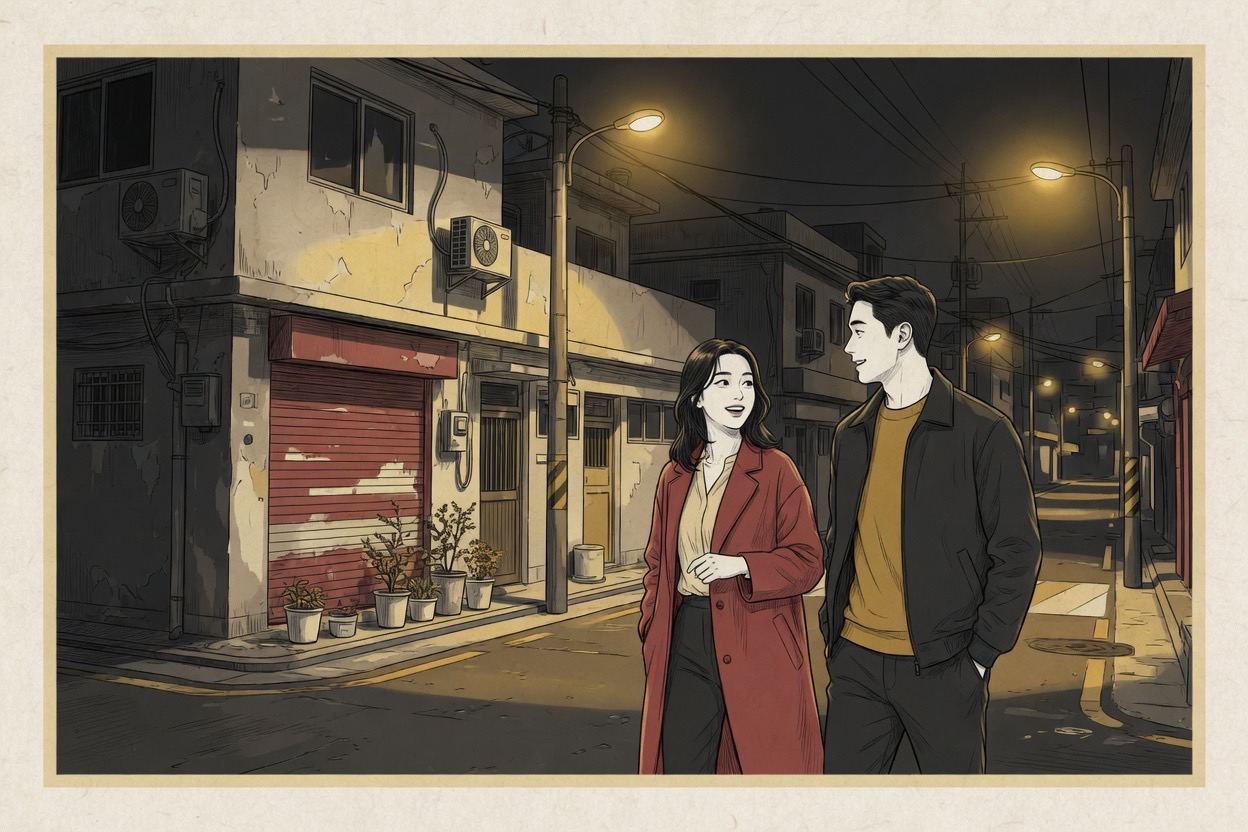 A young adult couple walking a night street a step apart; the woman a few years older leads the conversation while the younger man watches her with admiration