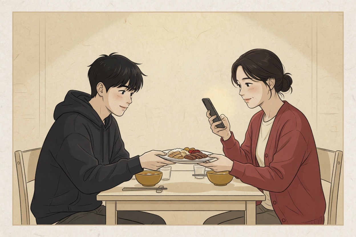 An older sister slides a plate of food toward her younger brother at a small dinner table while scrolling her phone, unbothered affection