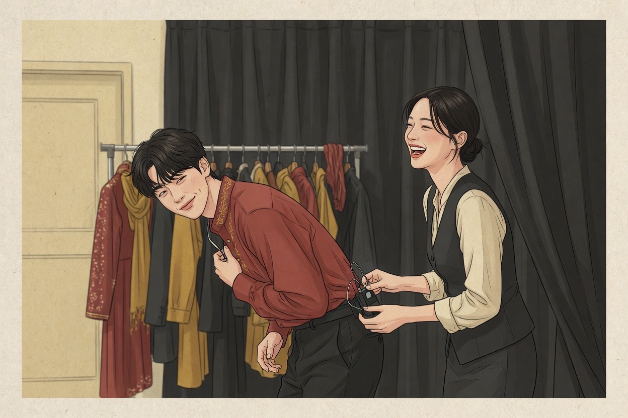Backstage at a performance, a young male performer bows playfully to an older female colleague who is fixing his mic pack; both mid-laugh