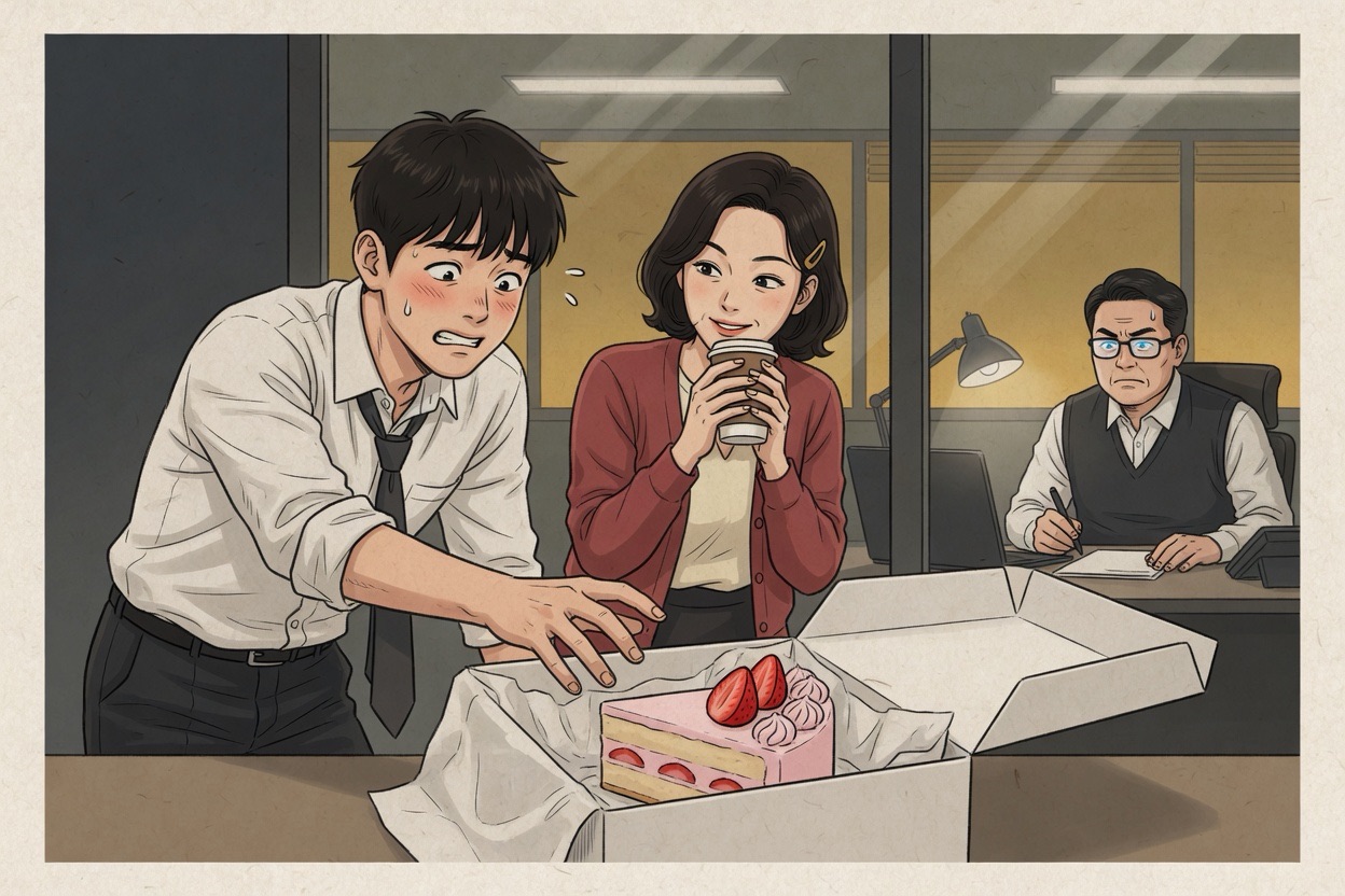 In an office pantry, an employee reaches for the last slice of cake while a colleague nods toward the team leader still working behind the glass wall