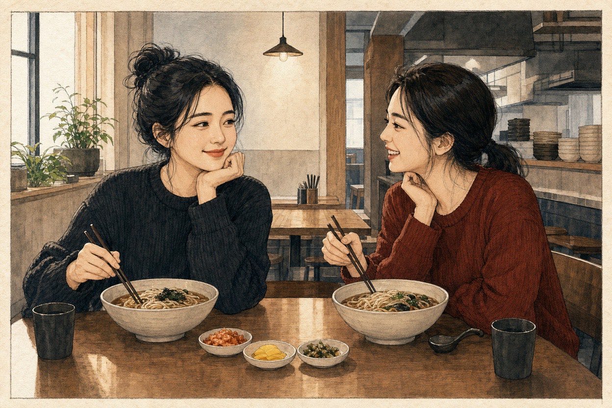 Two Korean women in their late twenties relax in a modern noodle restaurant after one confidently states her preference and the other responds warmly