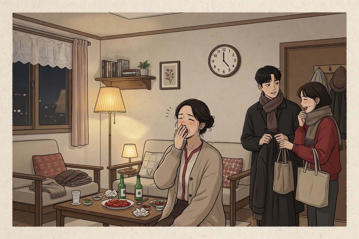 A host stifles a yawn and glances at the clock while two guests smile knowingly and reach for their coats