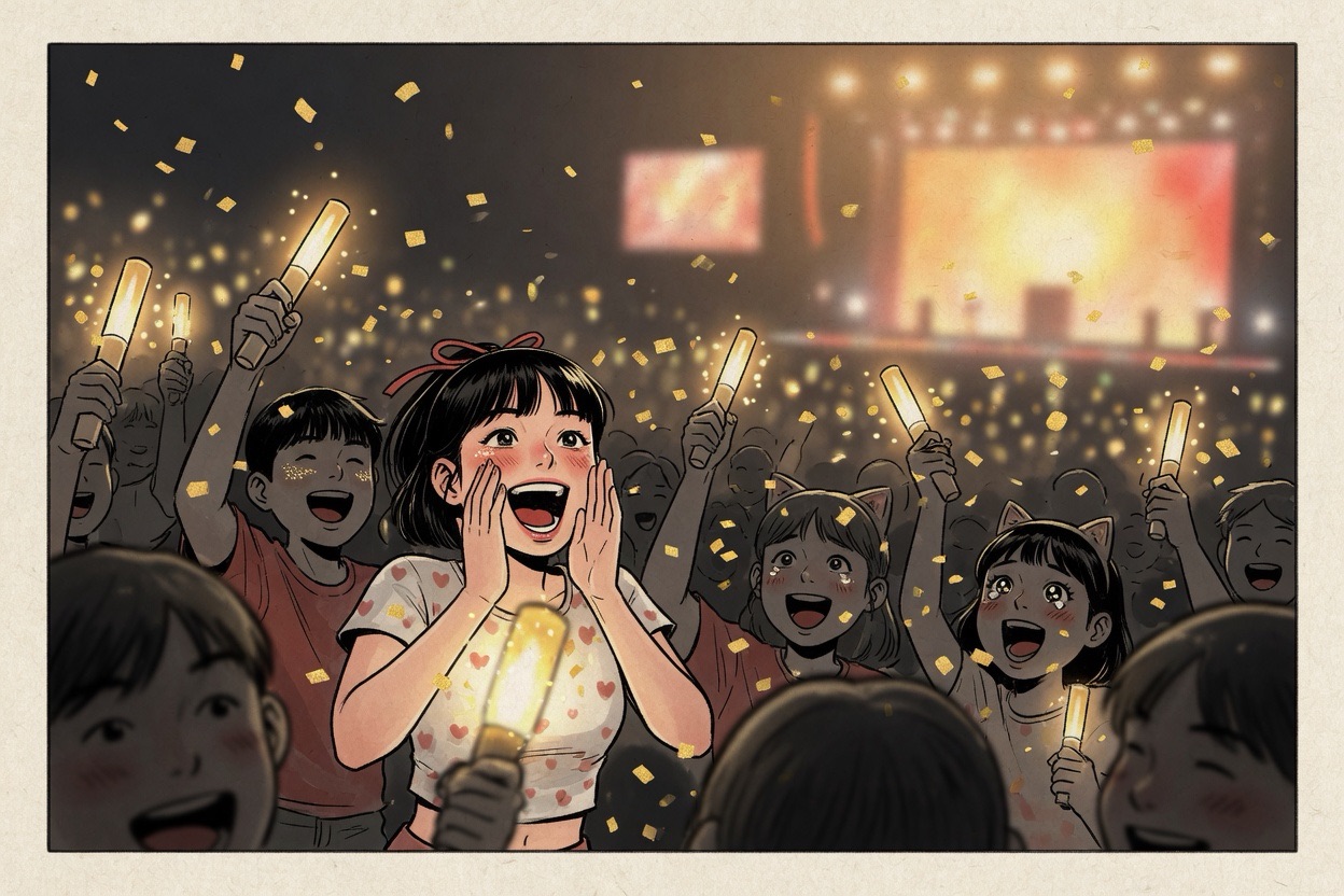 Fans with glowing gold lightsticks at a K-pop concert; one ecstatic fan shouts with her hands cupped as confetti falls