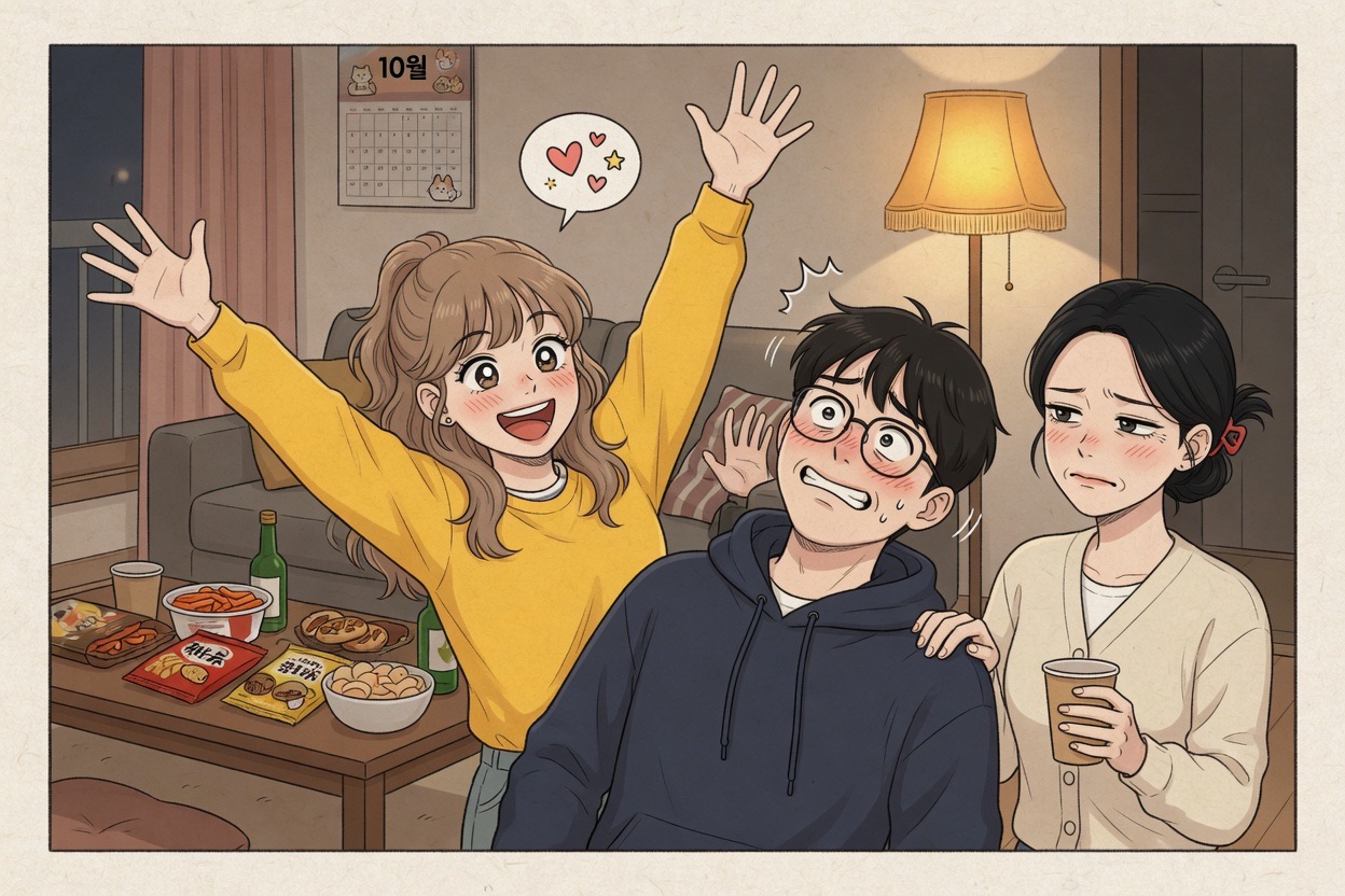 At a house party, a woman greets a startled Korean man too enthusiastically while her friend gives a pained polite smile