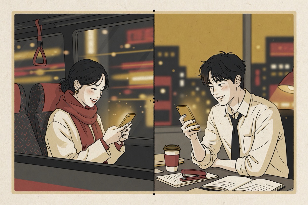 A young woman on an evening bus and her boyfriend at his office desk, both smiling at their phones mid-text