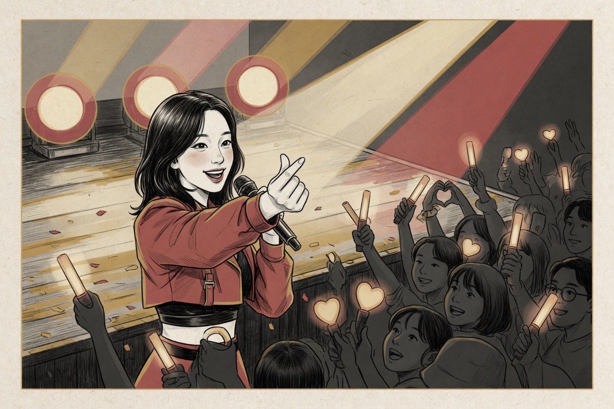 A Korean performer in their twenties on stage making a finger heart toward a crowd of raised hands and light sticks