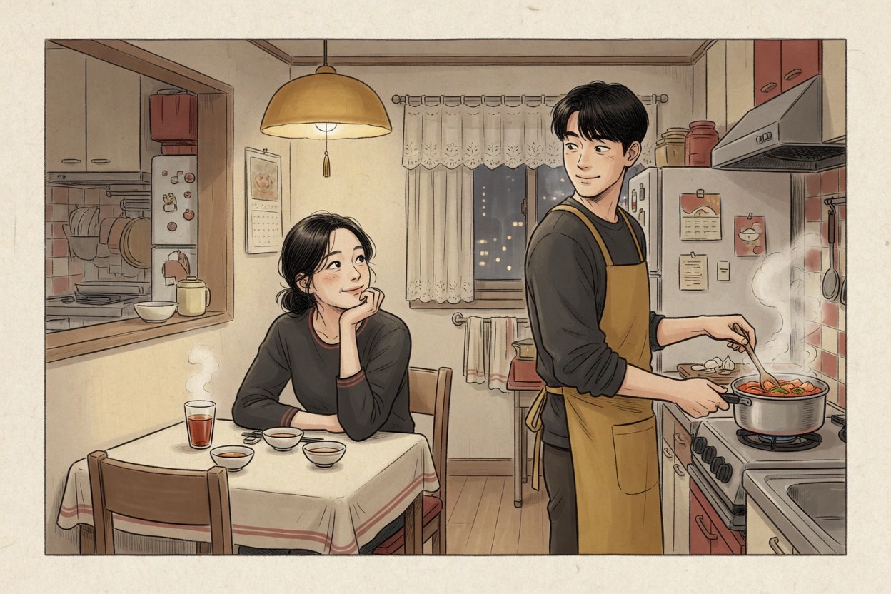 A Korean couple in their late twenties at a small apartment table, one resting their chin on a hand while watching the other cook