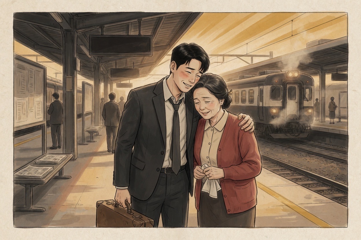 An adult Korean son in his thirties briefly hugging his mother in her sixties at a train station, both slightly embarrassed