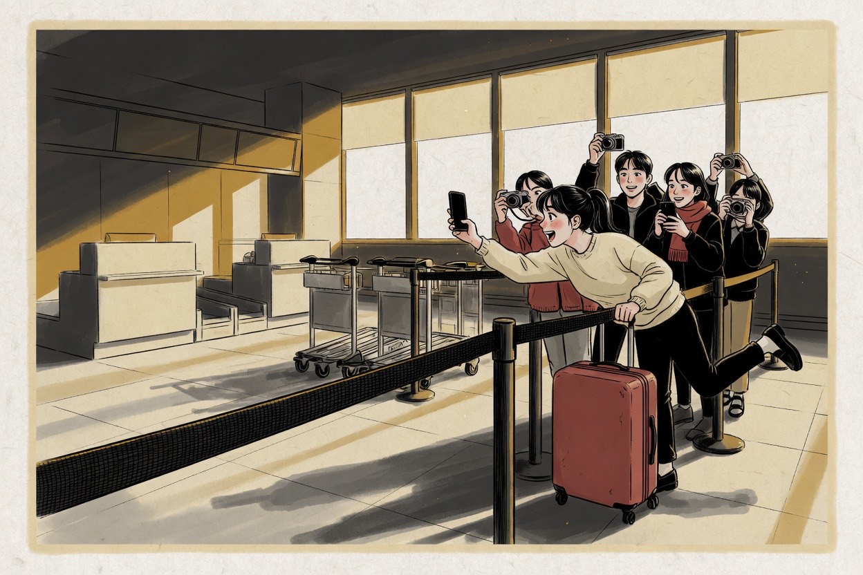 In a Korean airport arrivals hall, fans in their teens and twenties stand behind a rope with cameras; one leans far over the barrier while others hold back