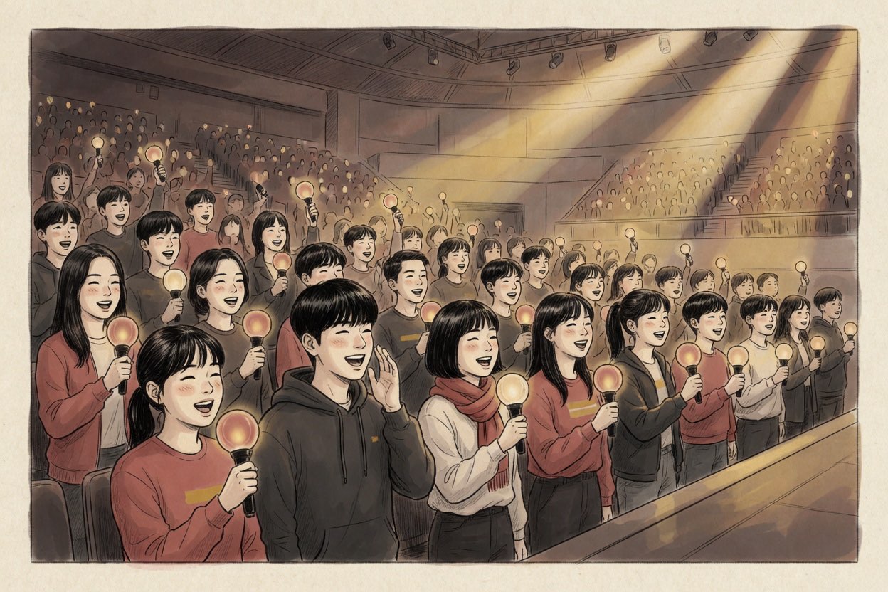 A Korean concert crowd of fans in their teens and twenties holds light sticks in an orderly, joyful sea of warm light