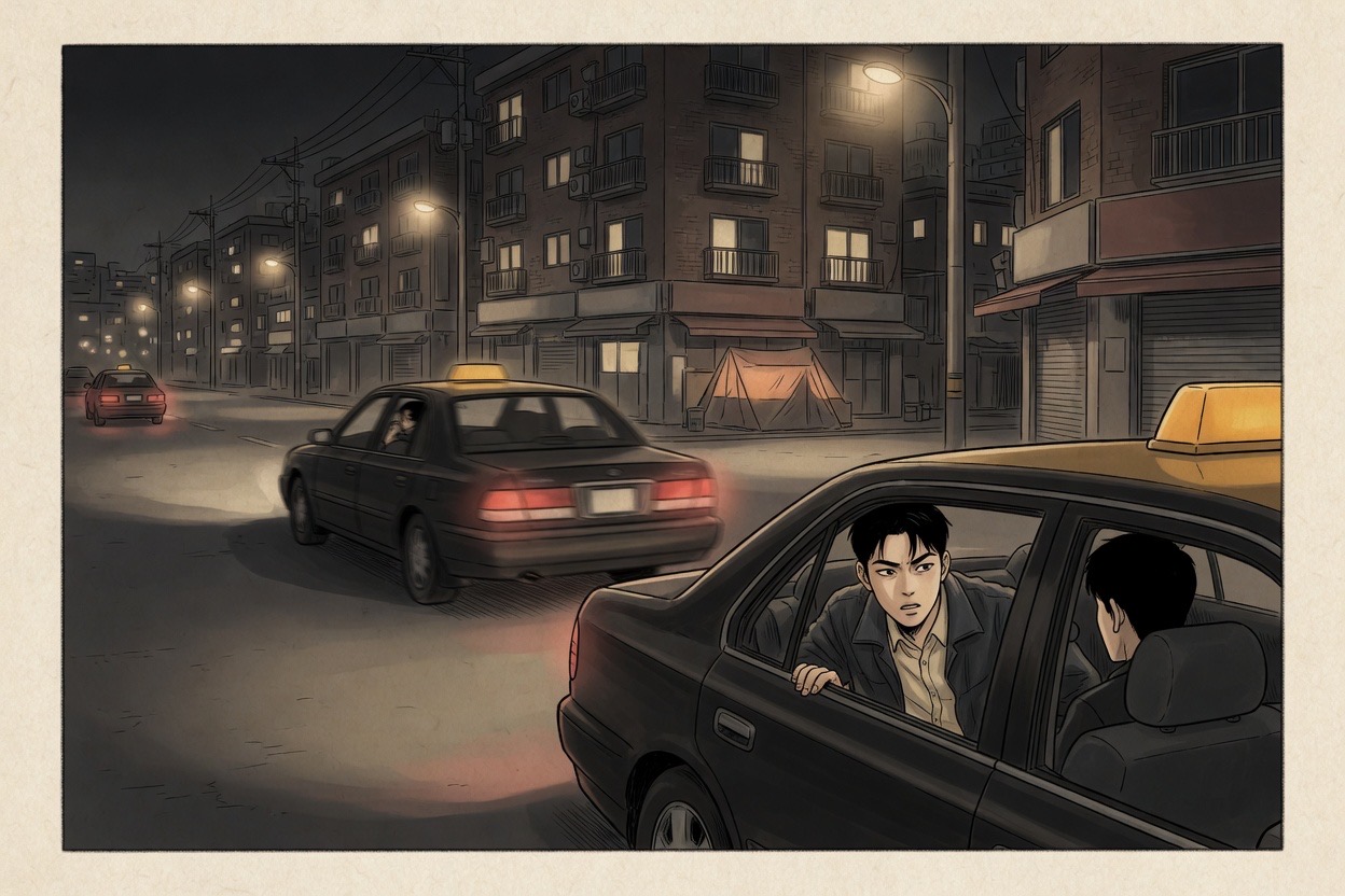 On a Korean city street at night, one taxi pulls away while another follows closely behind; a passenger in their twenties leans forward urgently in the second taxi