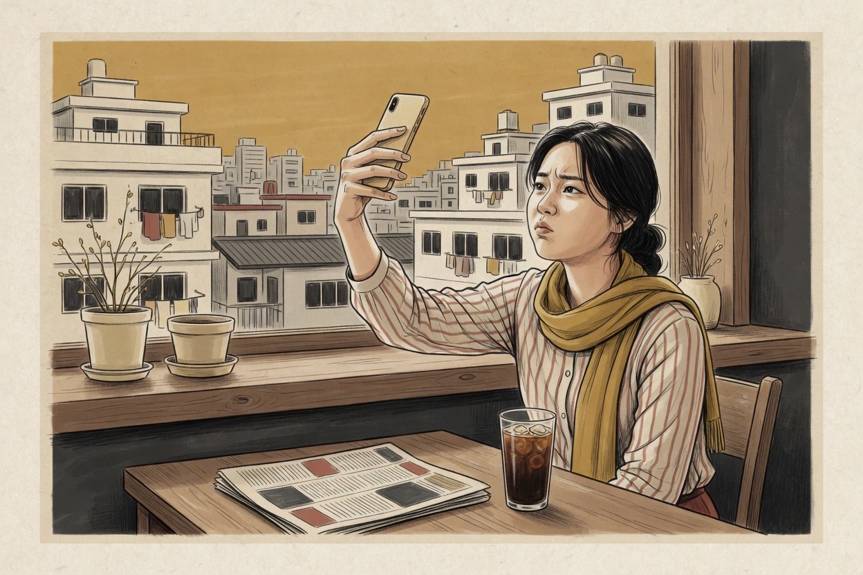 A Korean person in their twenties concentrates hard while tilting a phone up and down to find the perfect selca angle, brow furrowed