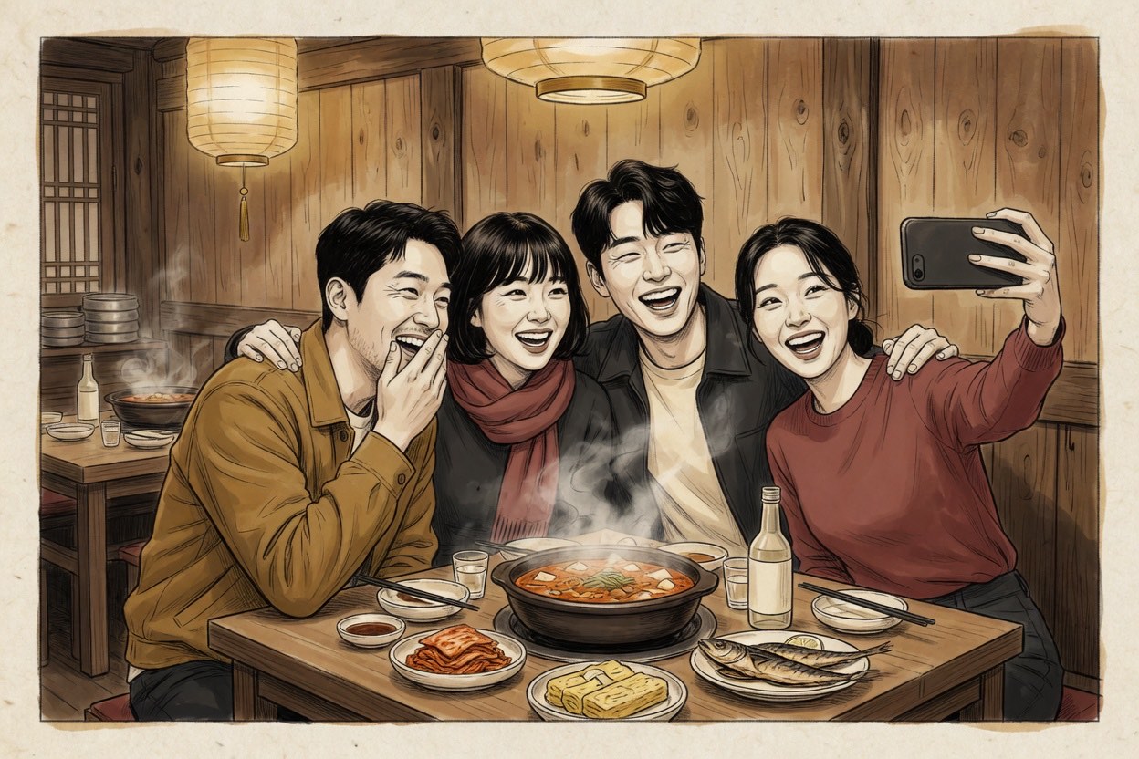Four Korean friends in their twenties crowded at a restaurant table, one holding a phone out for a group selca, all mid-laugh