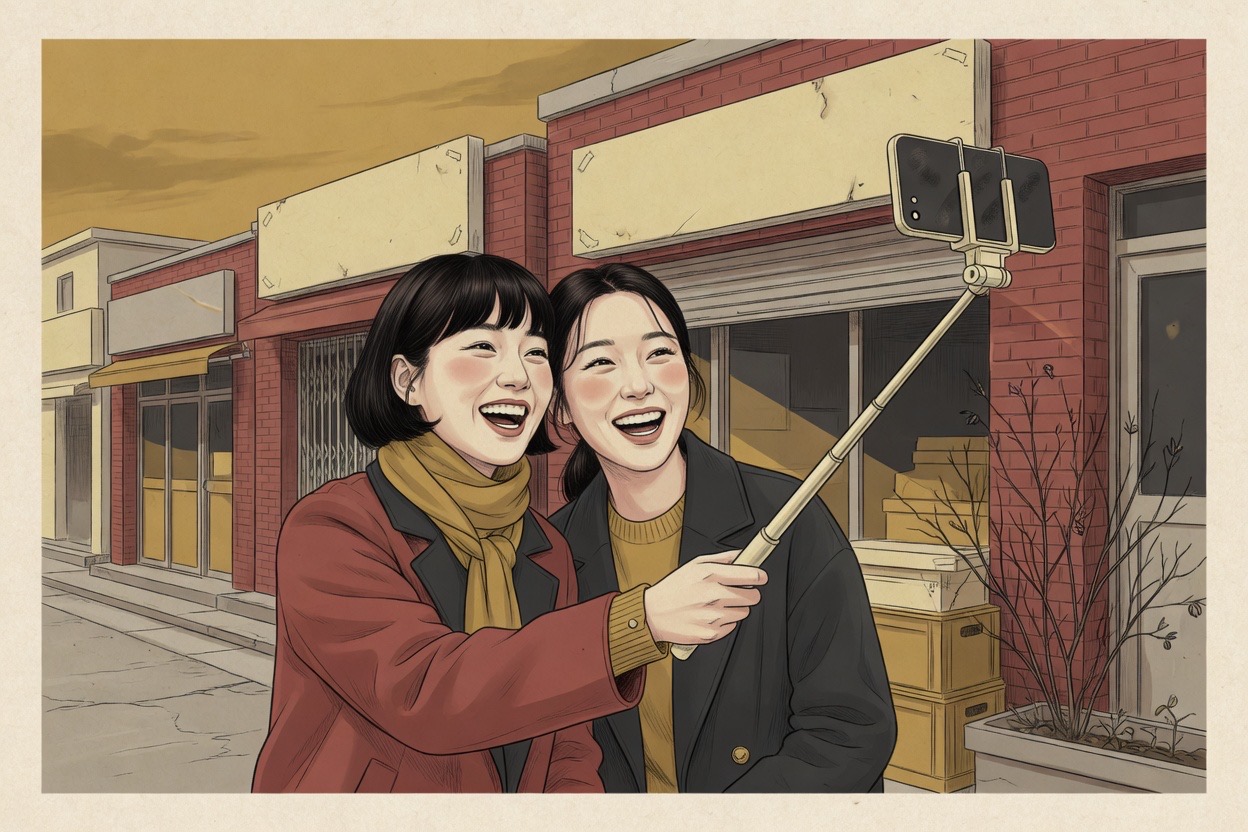 Two Korean friends in their twenties outdoors on a Korean street, laughing as they lean into a selfie stick held between them