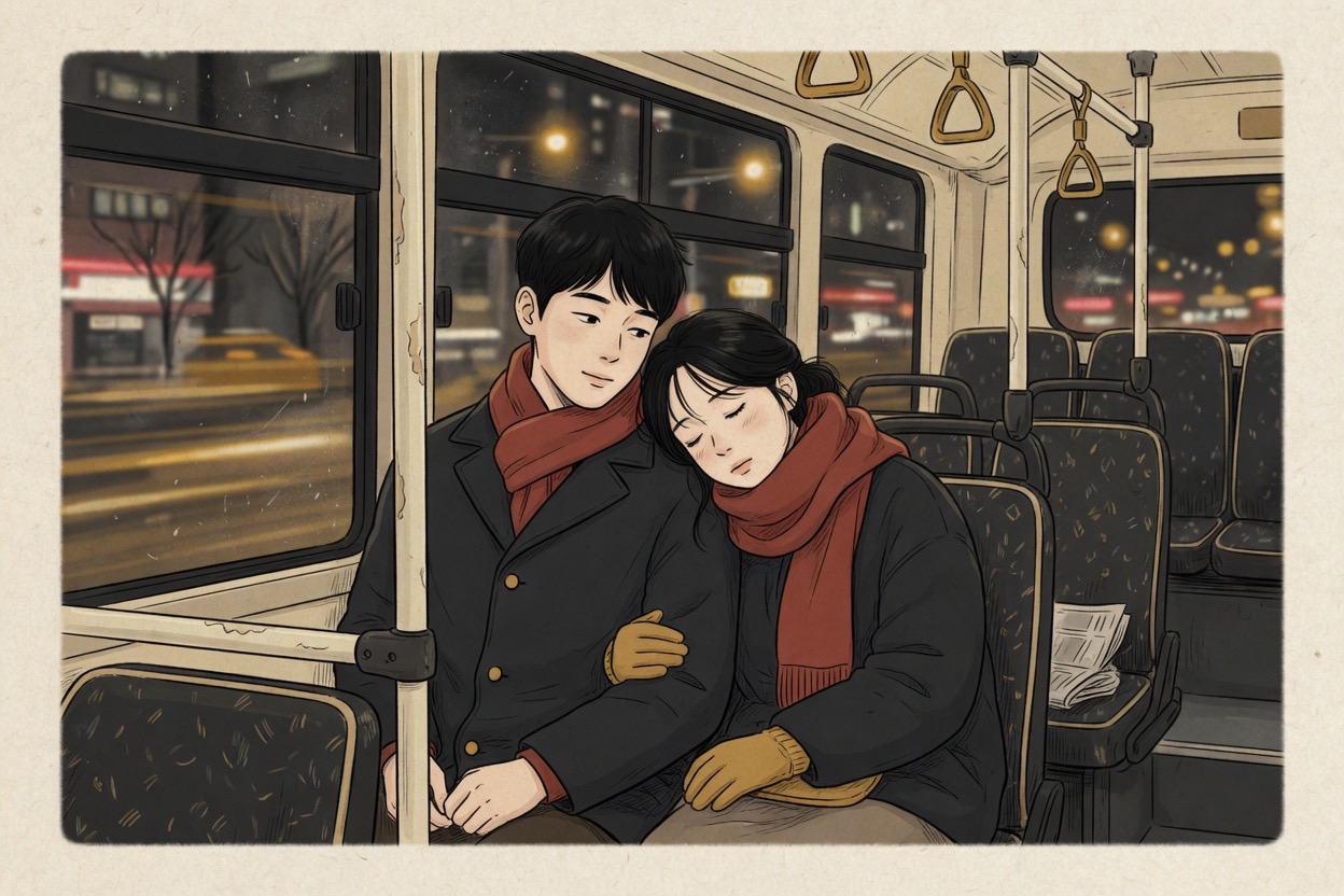 A Korean couple in their twenties rides a bus; one rests asleep on the other’s shoulder while the awake partner sits quietly