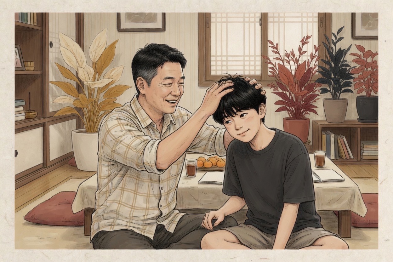 A Korean father in his forties ruffles his teenage son’s hair while the son half-ducks away with a reluctant smile