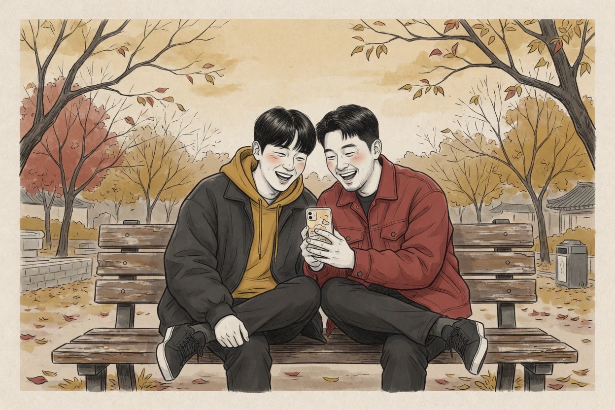 Two Korean men in their twenties sit shoulder to shoulder on a park bench, both watching something funny on one phone