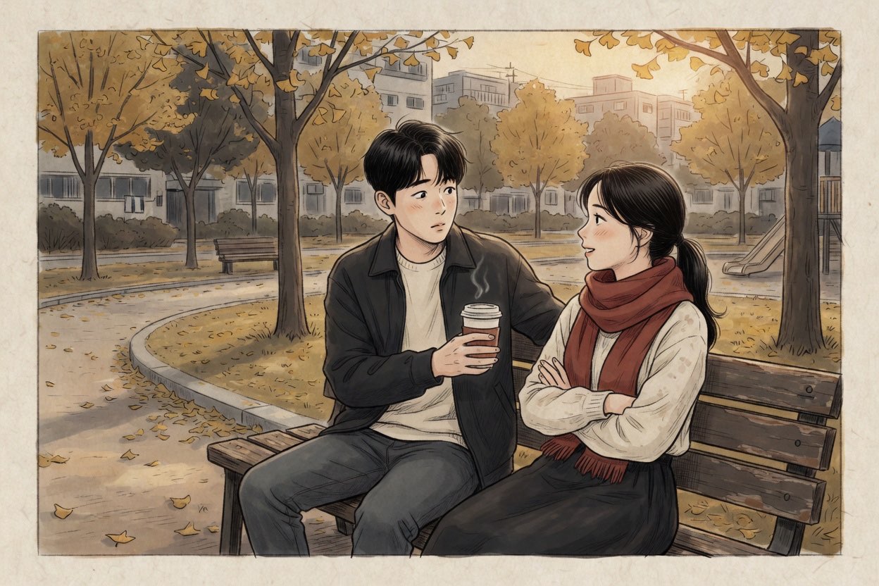 A young Korean couple in their twenties on a park bench, one offering a coffee as a peace gesture while the other is still turned away but softening
