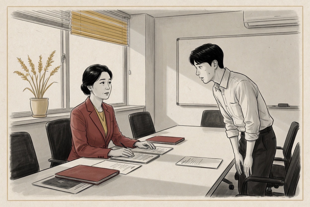 In a Korean meeting room, a junior employee in his twenties stands and bows slightly to a manager in her forties