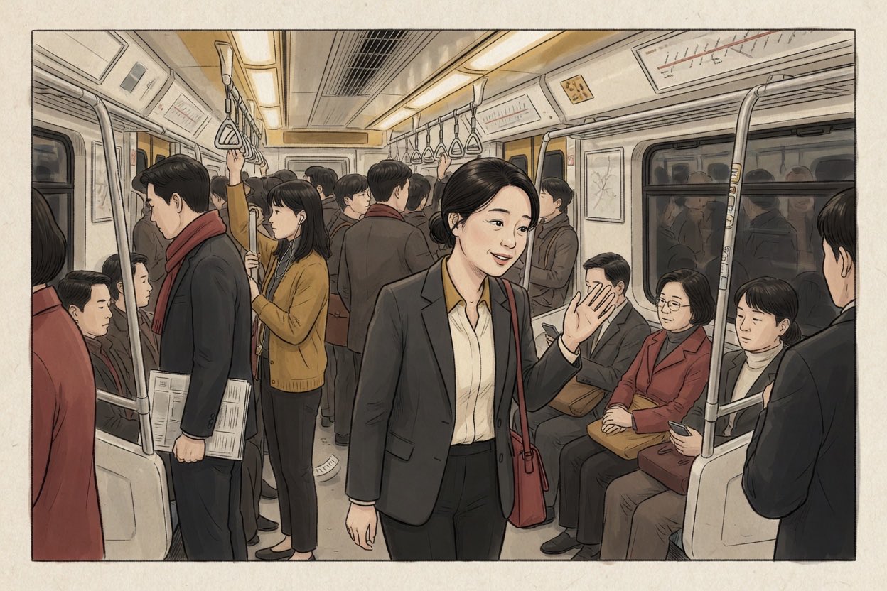 A crowded Korean subway car, a commuter in her thirties squeezing past standing passengers with a raised hand gesture